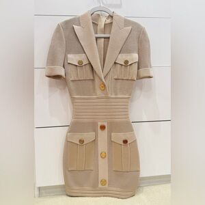 Balmain Beige Tailored Short-Sleeve Mini Dress